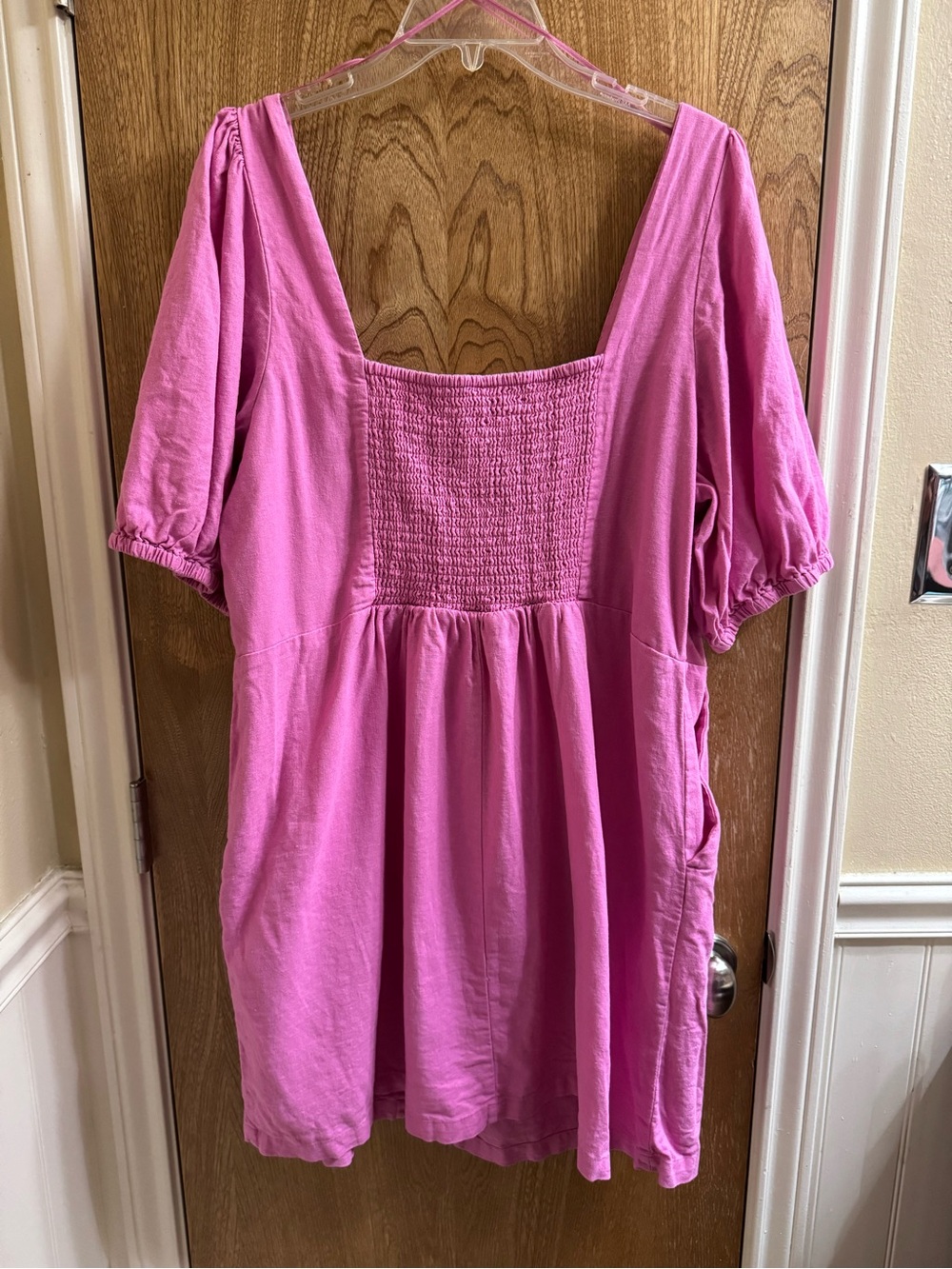 Old Navy Linen Blend Pink Button Down Peplum Dress Puff Sleeves Plus 2X Pockets - Picture 2 of 7